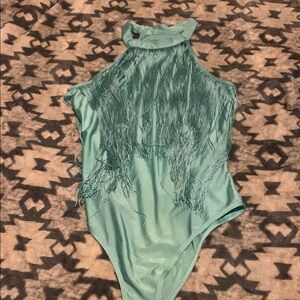 Teal Fringe Halter Bodysuit